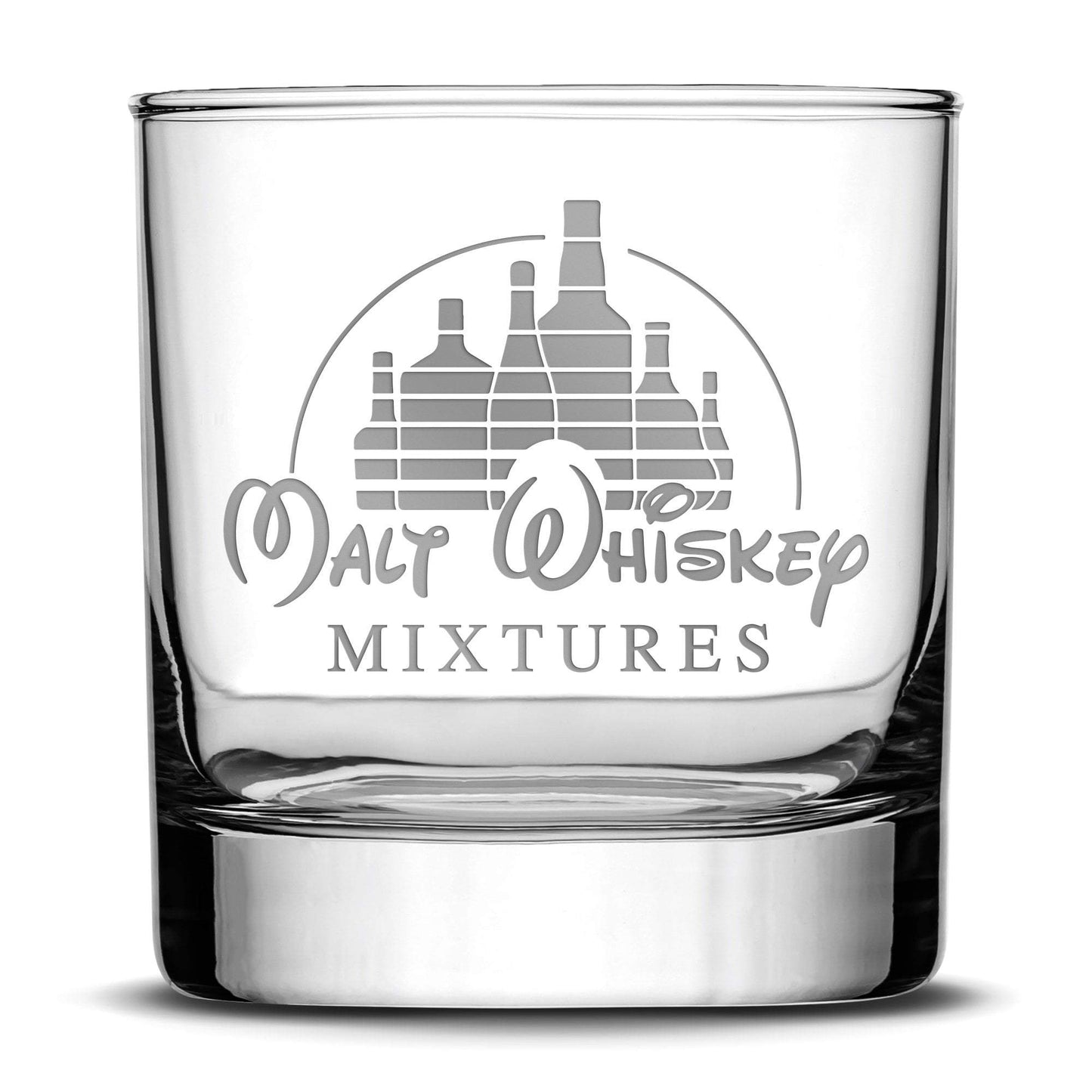 Premium Malt Whiskey Mixtures Whiskey Glass, Hand Etched 10oz Rocks Glass by Integrity Bottles