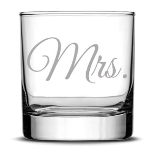 Premium Wedding Whiskey Glasses, Mr. and Mrs., Hand Etched 10oz Rocks Glasses, Made in USA, Highball Gifts, Set of 2, Sand Carved by Integrity Bottles