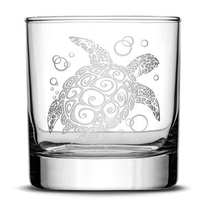Set of 4, Premium Sea Animal Whiskey Glasses, Sea Turtle, Dolphin, Hammerhead Shark, Eagle Ray, Made in USA, Hand Etched Tribal Design Integrity Bottles