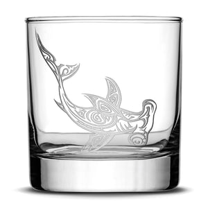 Set of 4, Premium Sea Animal Whiskey Glasses, Sea Turtle, Dolphin, Hammerhead Shark, Eagle Ray, Made in USA, Hand Etched Tribal Design Integrity Bottles