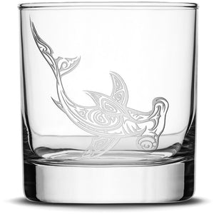 Set of 4, Whiskey Glasses with Tribal Turtle, Dolphin, Shark, and Stingray by Integrity Bottles