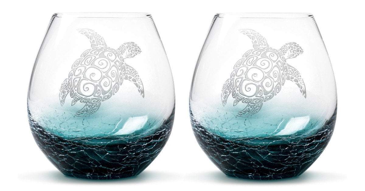 Sea Turtle Wine Glass Teal Crackle, Set of 2