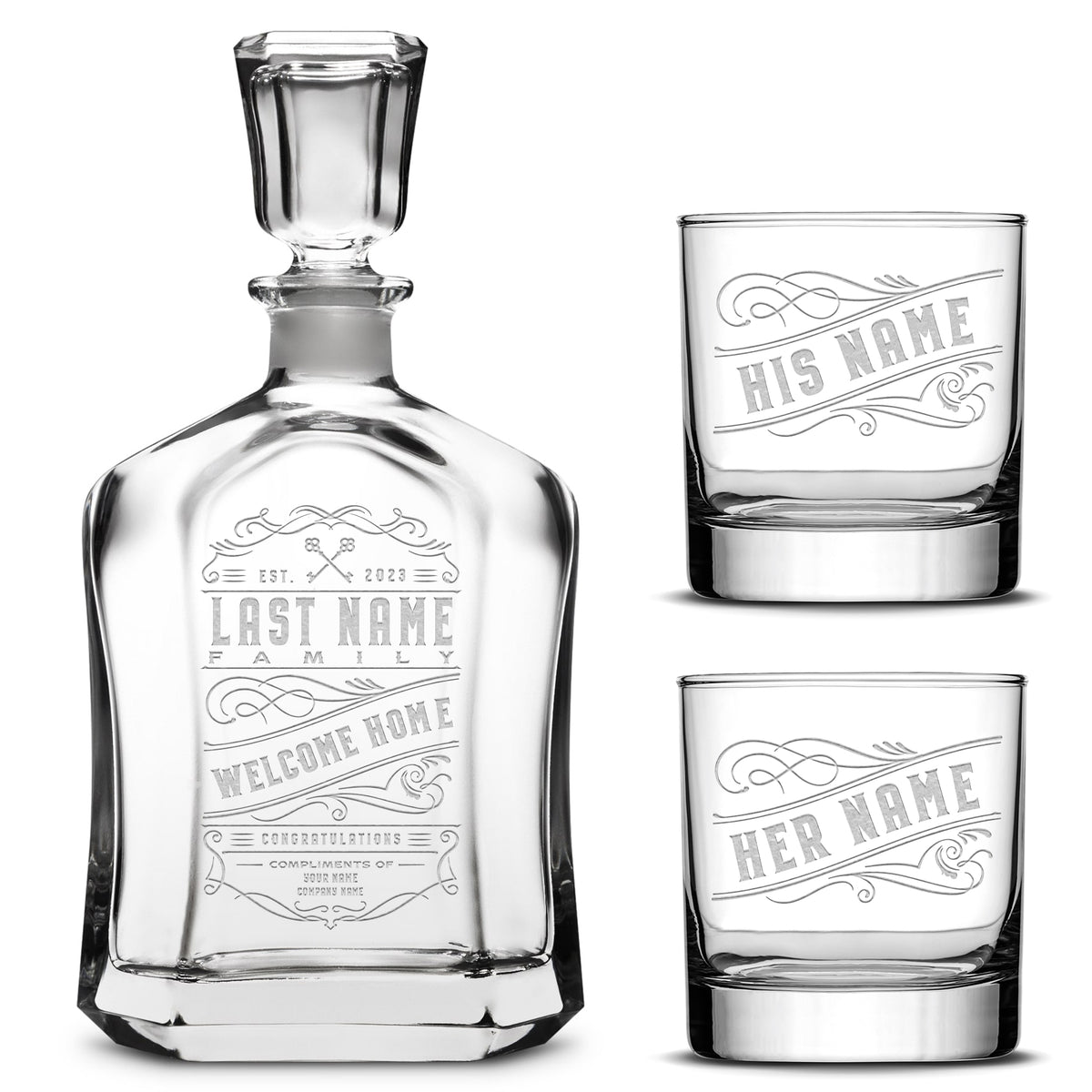 Customizable Welcome Home Capitol Decanter with Set of 2 Custom Whiskey Glasses, Olsen, 750ml, Laser Etched or Hand Etched