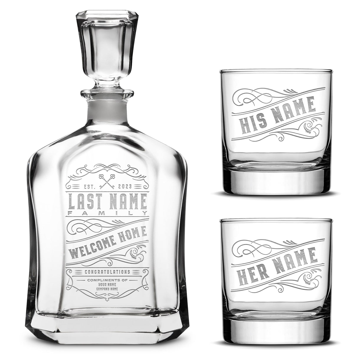 Customizable Welcome Home Capitol Decanter with Set of 2 Custom Whiskey Glasses, Olsen, 750ml, Laser Etched or Hand Etched