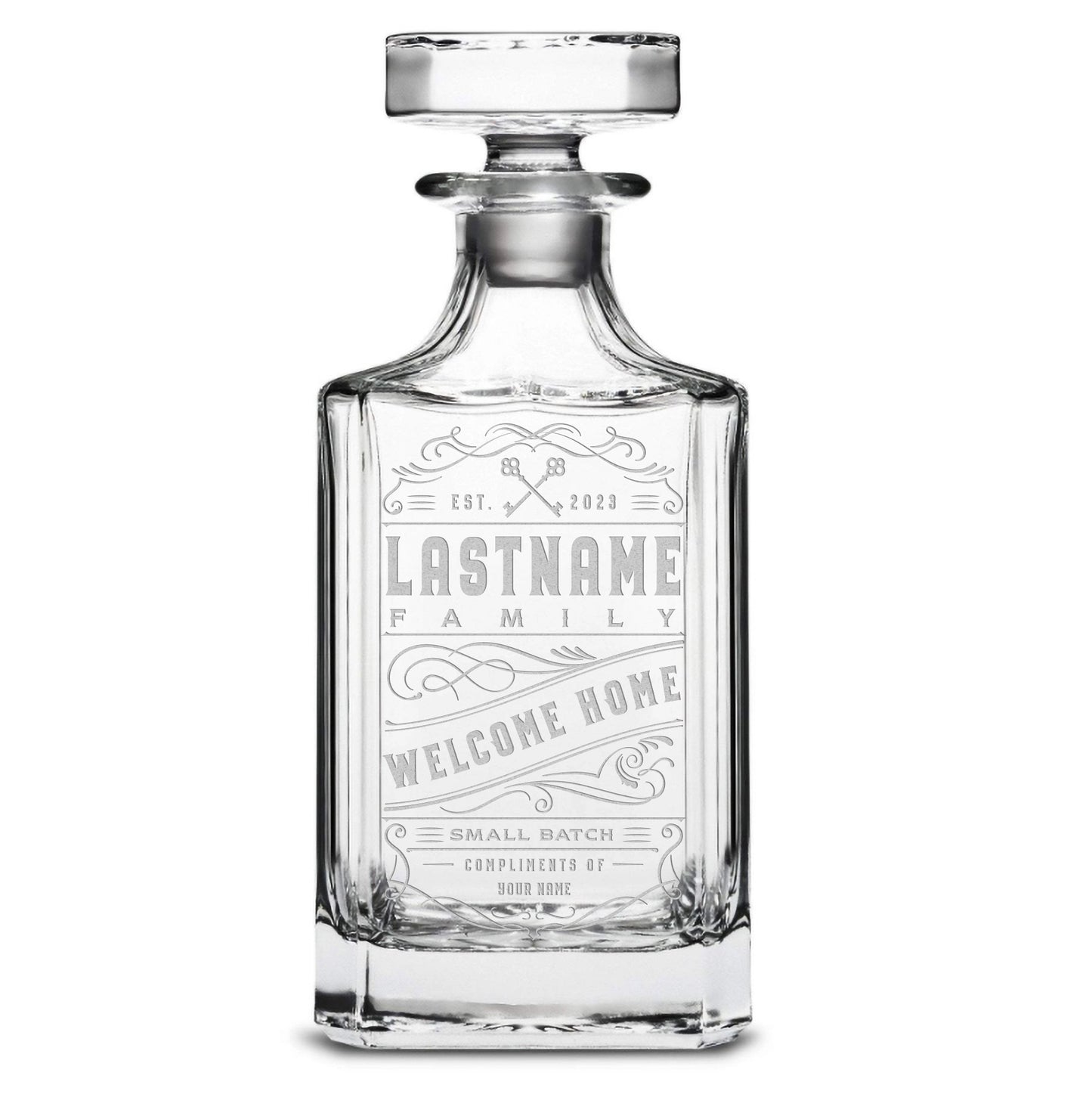 Customizable Welcome Home, Premium Refillable Diamond Style Liquor Decanter, Handmade, Handblown, Hand Etched Gifts, Sand Carved, 750ml, Laser Etched or Hand Etched