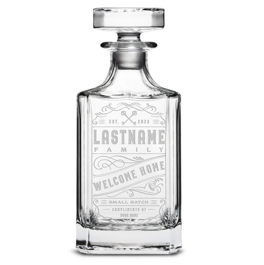 Customizable Welcome Home, Premium Refillable Diamond Style Liquor Decanter, Handmade, Handblown, Hand Etched Gifts, Sand Carved, 750ml, Laser Etched or Hand Etched