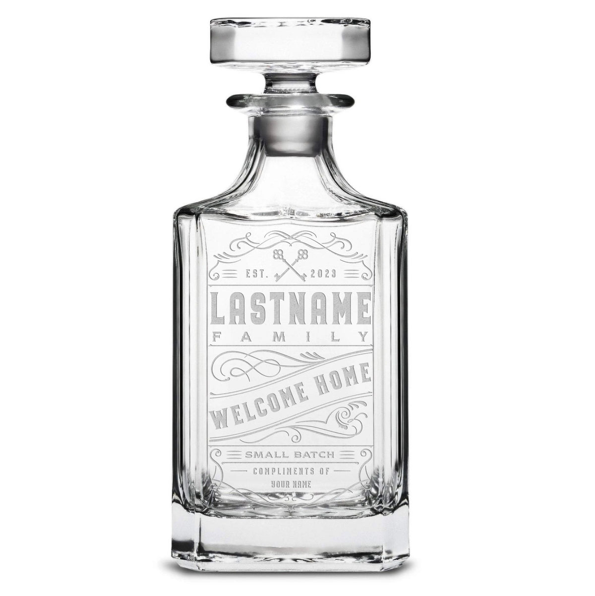 Customizable Welcome Home, Premium Refillable Diamond Style Liquor Decanter, Handmade, Handblown, Hand Etched Gifts, Sand Carved, 750ml, Laser Etched or Hand Etched