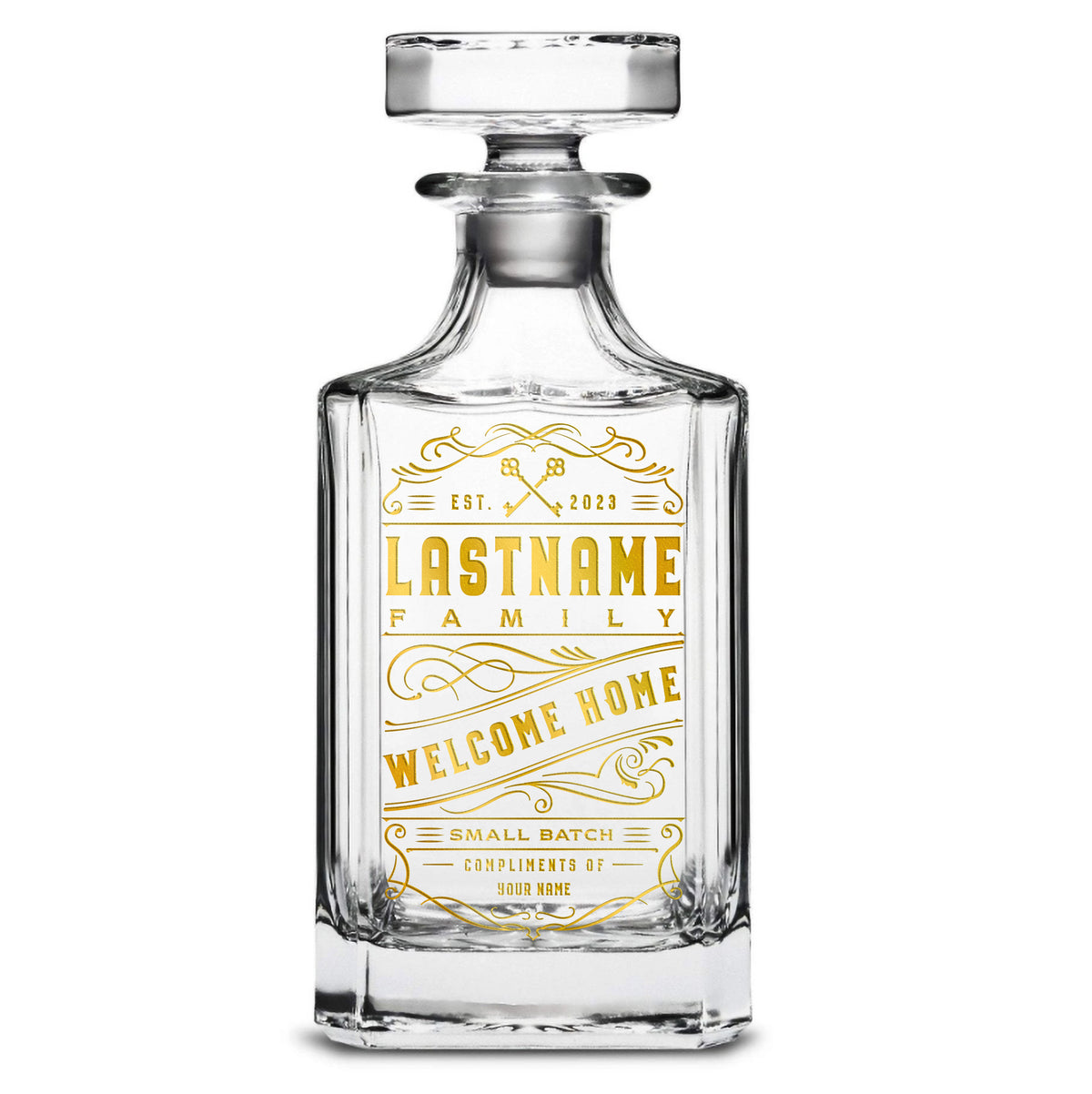 Customizable Welcome Home, Premium Refillable Diamond Style Liquor Decanter, Handmade, Handblown, Hand Etched Gifts, Sand Carved, 750ml, Laser Etched or Hand Etched