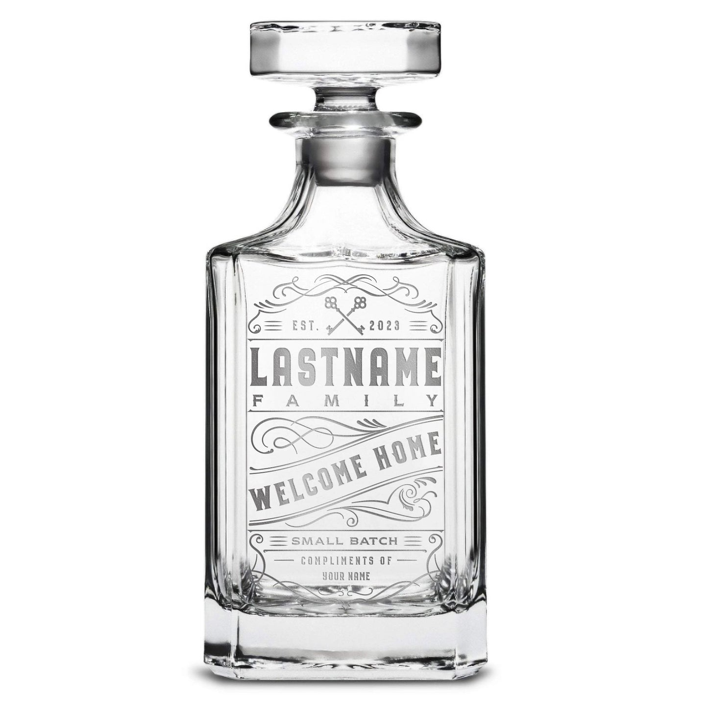 Customizable Welcome Home, Premium Refillable Diamond Style Liquor Decanter, Handmade, Handblown, Hand Etched Gifts, Sand Carved, 750ml, Laser Etched or Hand Etched