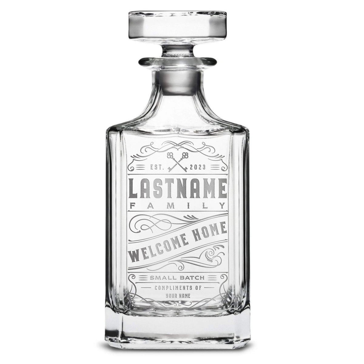 Customizable Welcome Home, Premium Refillable Diamond Style Liquor Decanter, Handmade, Handblown, Hand Etched Gifts, Sand Carved, 750ml, Laser Etched or Hand Etched