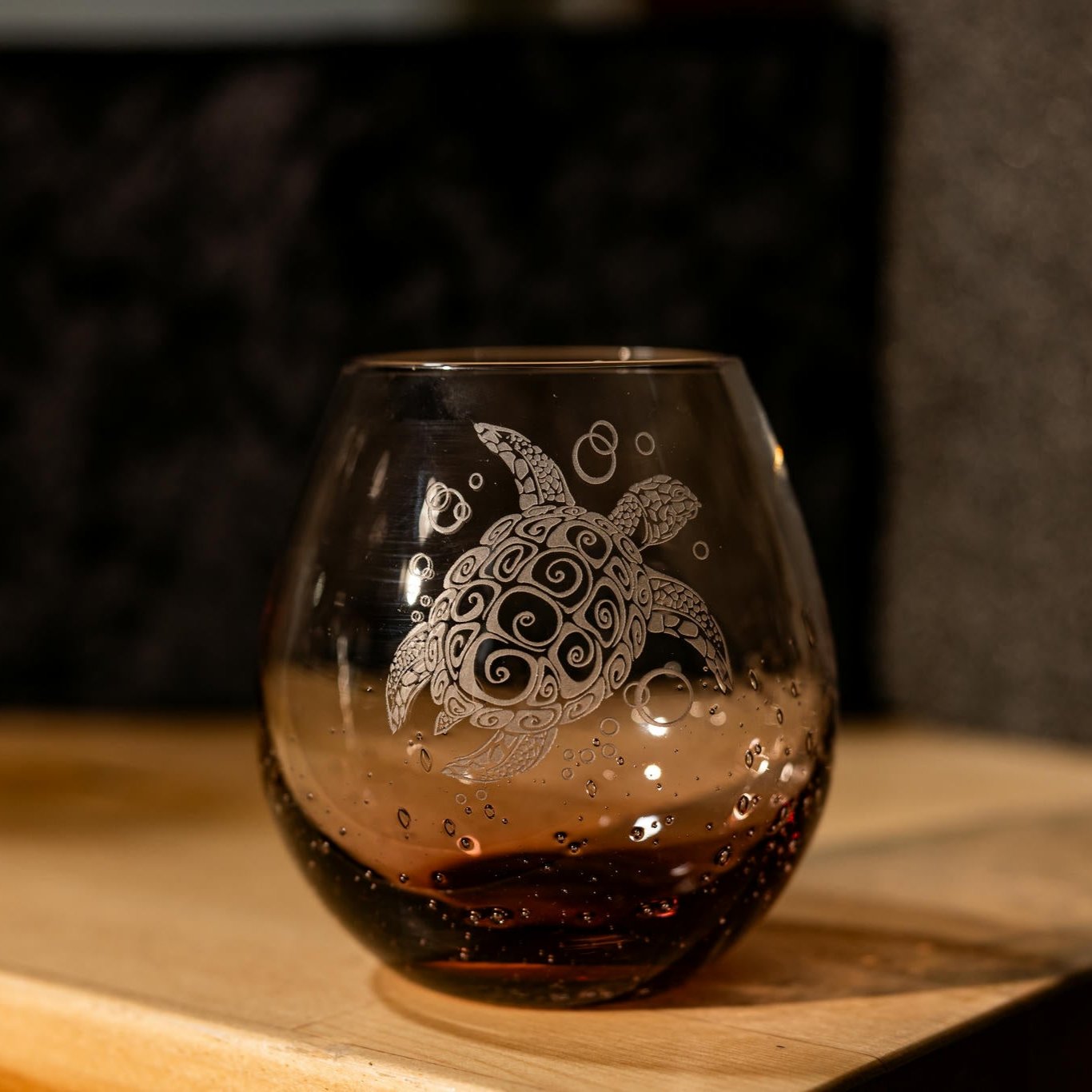 Bubble Wine Glass with Tribal Sea Turtle Design, Laser Etched or Hand Etched