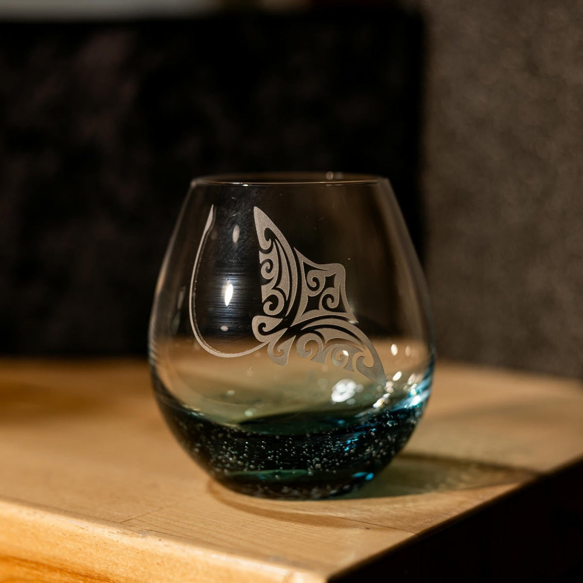 Bubble Wine Glass with Tribal Stingray Design, Laser Etched or Hand Etched