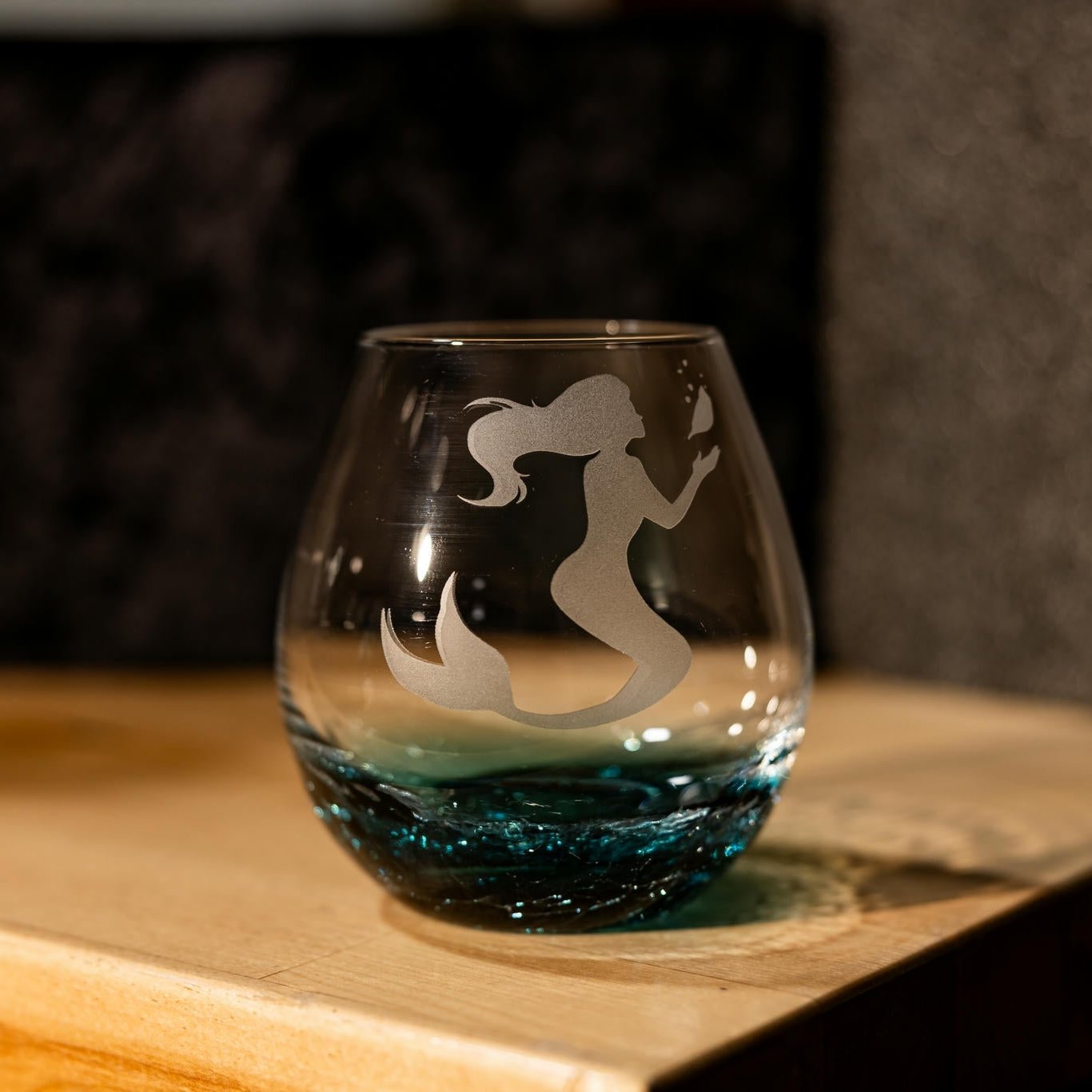 Crackle Wine Glass, Mermaid 1 Design, Laser Etched or Hand Etched, 18oz