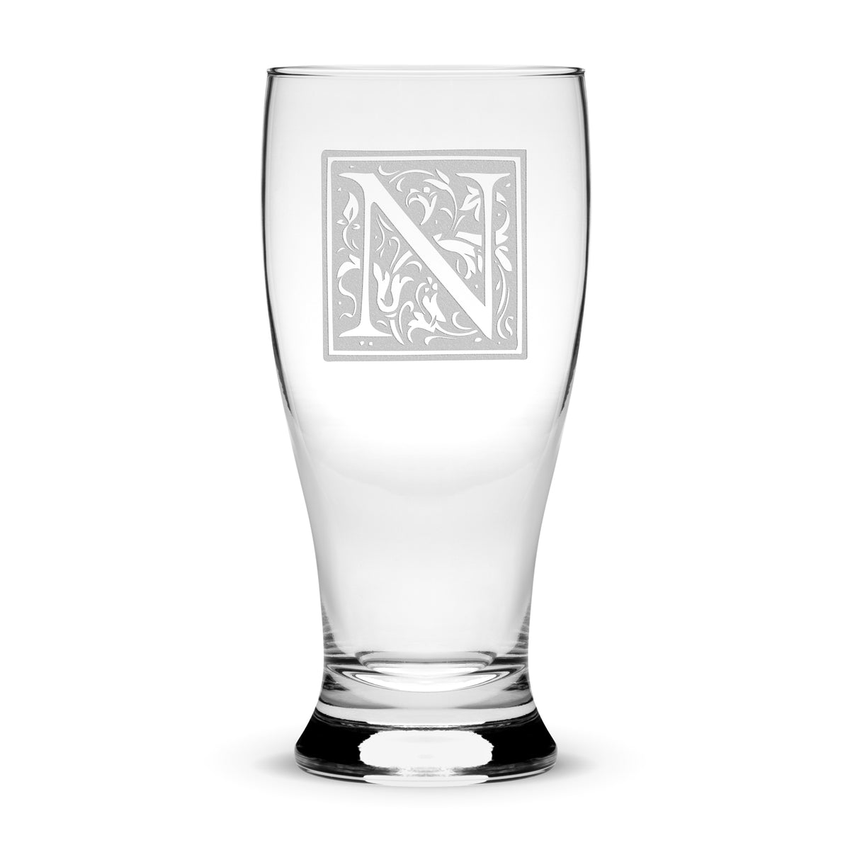 Customizable Floral Monogram, Premium Pilsner Beer Glass, Handmade, Handblown, Laser Etched or Hand Etched Gifts, Sand Carved, 16oz
