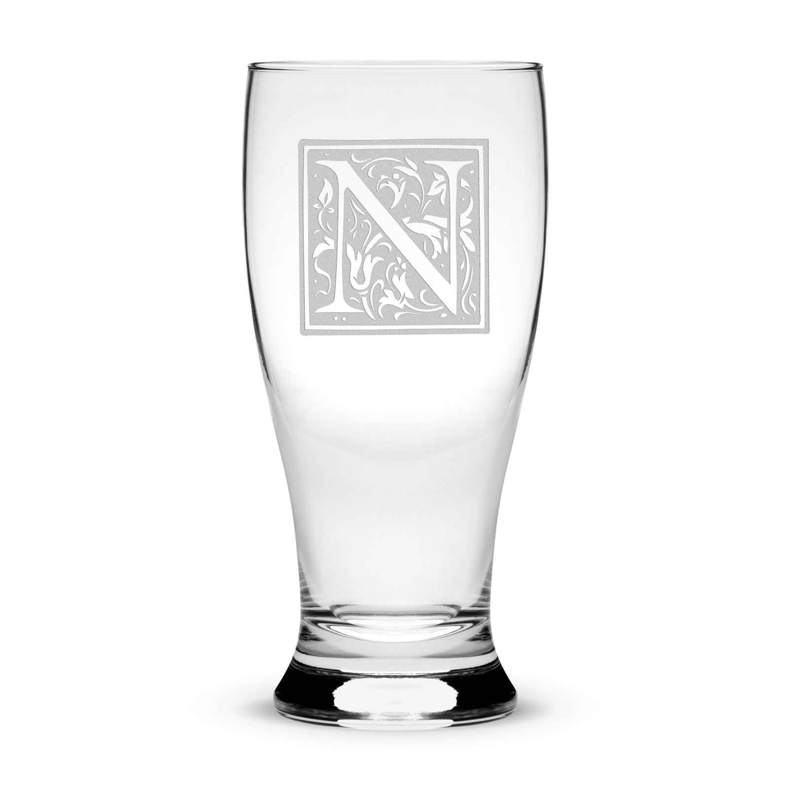 Customizable Floral Monogram, Premium Pilsner Beer Glass, Handmade, Handblown, Laser Etched or Hand Etched Gifts, Sand Carved, 16oz