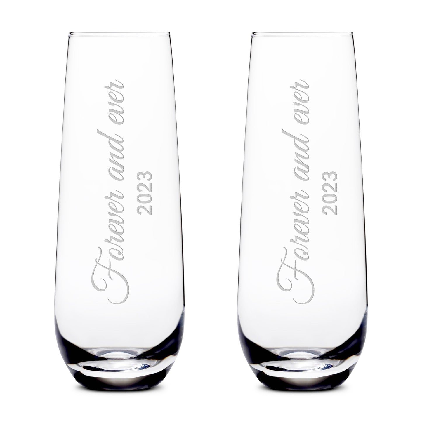 Customizable Forever and Ever, (Set of 2) Stemless Champagne Glasses, Handblown, Hand Etched Gifts, Sand Carved, 10oz