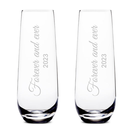Customizable Forever and Ever, (Set of 2) Stemless Champagne Glasses, Handblown, Hand Etched Gifts, Sand Carved, 10oz