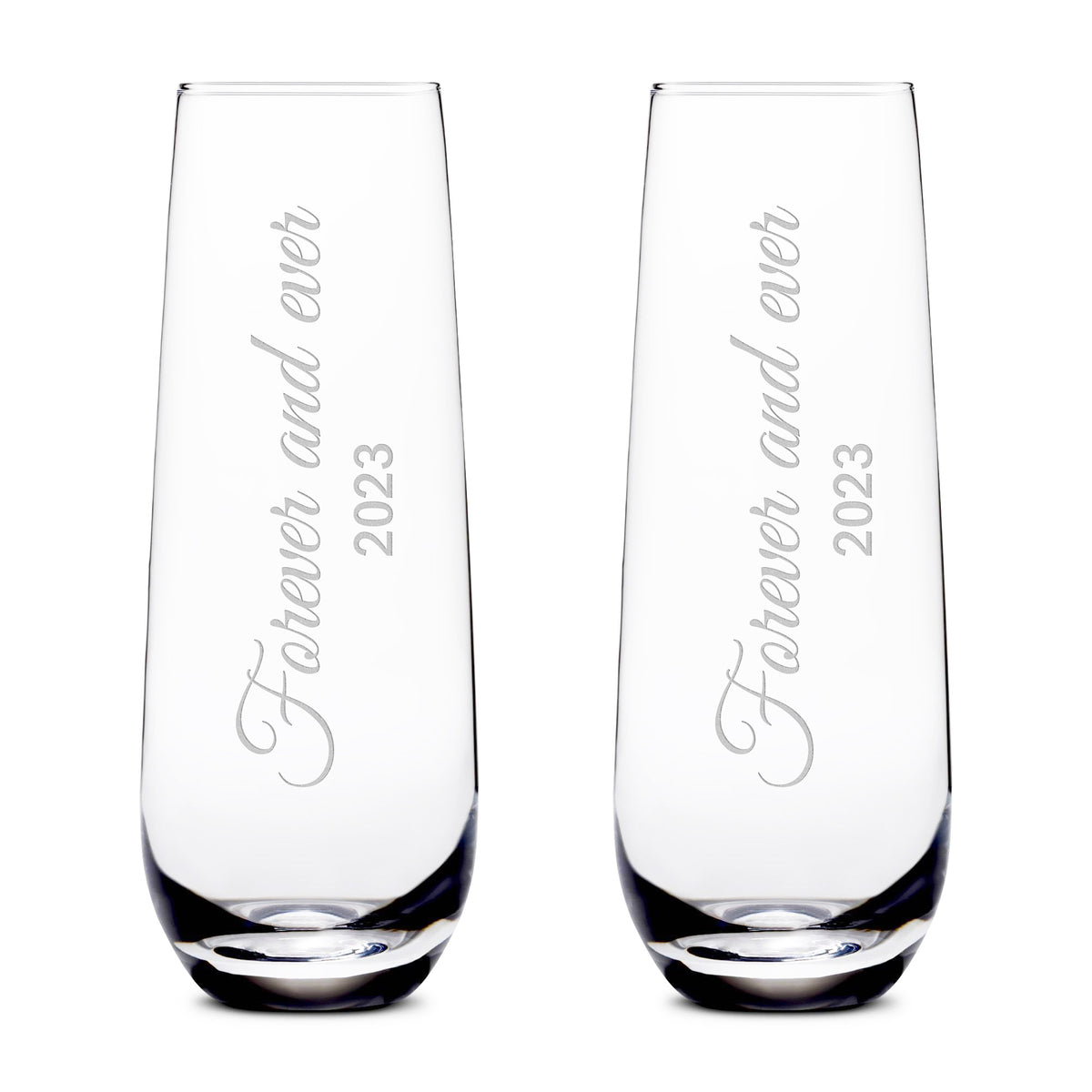 Customizable Forever and Ever, (Set of 2) Stemless Champagne Glasses, Handblown, Hand Etched Gifts, Sand Carved, 10oz