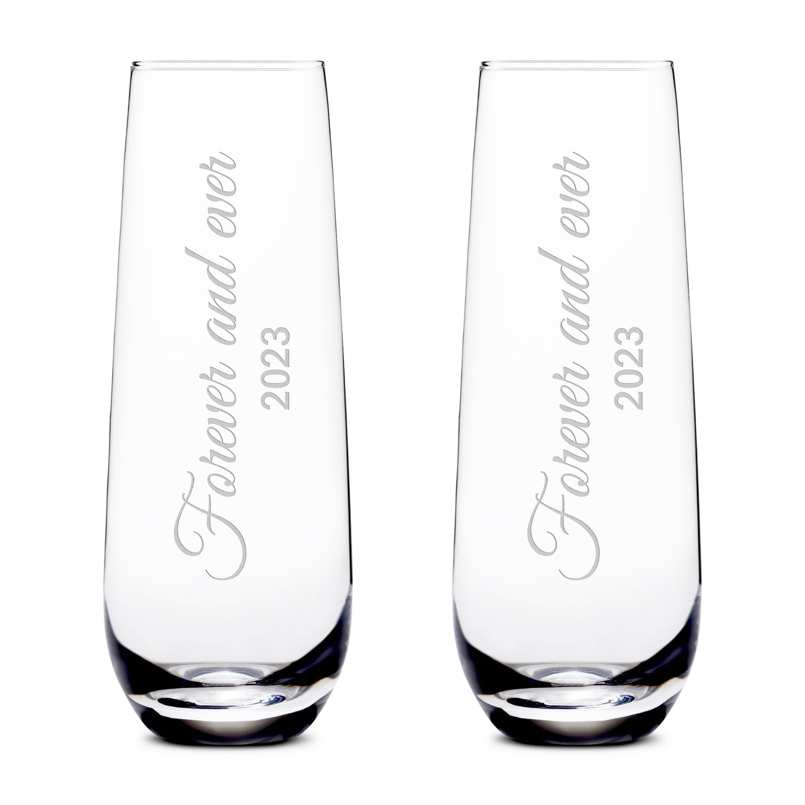 Customizable Forever and Ever, (Set of 2) Stemless Champagne Glasses, Handblown, Hand Etched Gifts, Sand Carved, 10oz