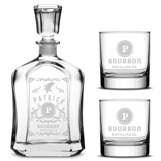 Customizable, Premium Capital Style Liquor Decanter and (Set of 2) Premium Whiskey Glasses, Handmade, Handblown, Hand Etched Gifts, Sand Carved, 750ml, Laser Etched or Hand Etched