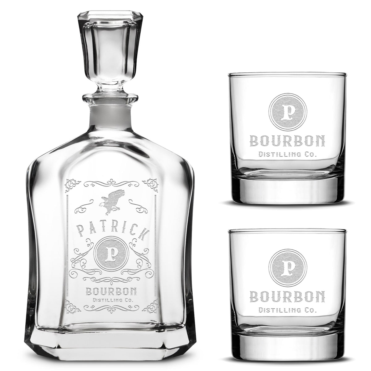 Customizable, Premium Capital Style Liquor Decanter and (Set of 2) Premium Whiskey Glasses, Handmade, Handblown, Hand Etched Gifts, Sand Carved, 750ml, Laser Etched or Hand Etched