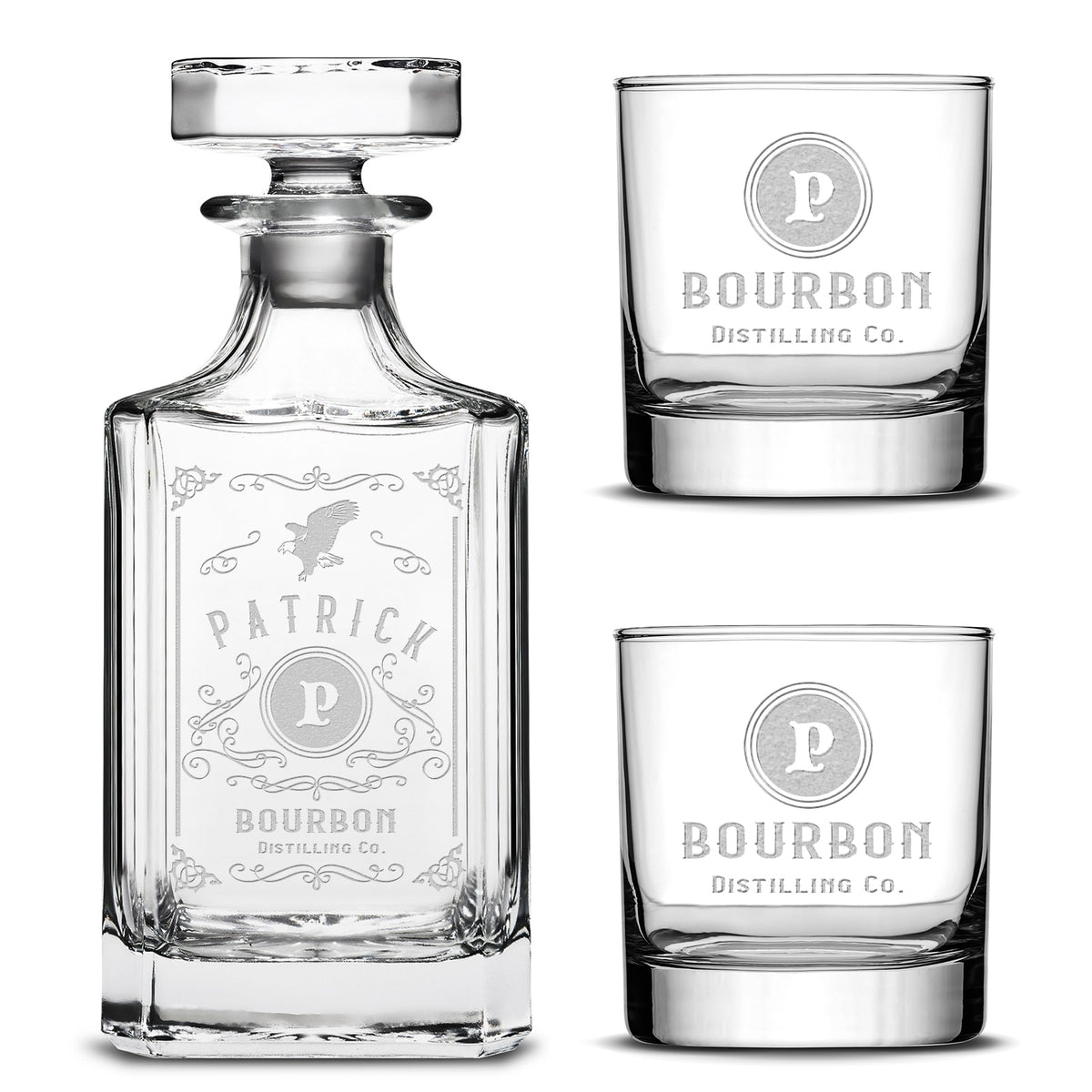 Customizable, Premium Diamond Style Liquor Decanter and (Set of 2) Premium Whiskey Glasses, Handmade, Handblown, Hand Etched Gifts, Sand Carved, 750ml, Laser Etched or Hand Etched