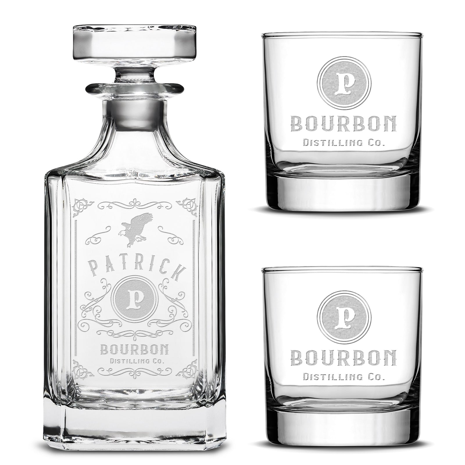 Customizable, Premium Diamond Style Liquor Decanter and (Set of 2) Premium Whiskey Glasses, Handmade, Handblown, Hand Etched Gifts, Sand Carved, 750ml, Laser Etched or Hand Etched