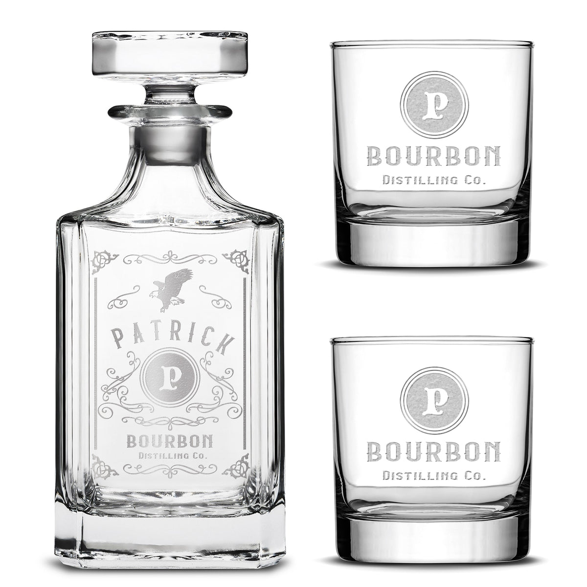 Customizable, Premium Diamond Style Liquor Decanter and (Set of 2) Premium Whiskey Glasses, Handmade, Handblown, Hand Etched Gifts, Sand Carved, 750ml, Laser Etched or Hand Etched