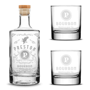 Customizable, Premium Jersey Style Liquor Bottle and (Set of 2) Premium Whiskey Glasses, Handmade, Handblown, Hand Etched Gifts, Sand Carved, 750ml
