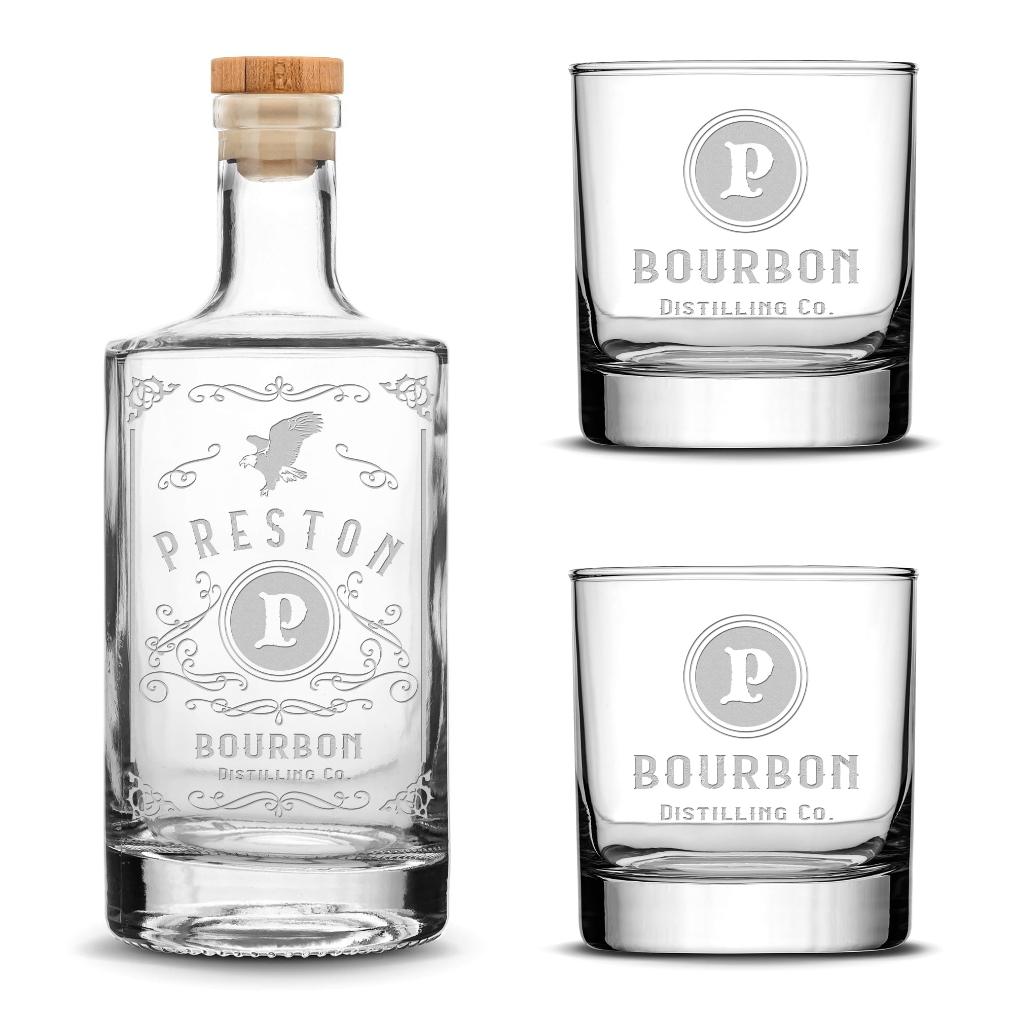 Integrity Bottles, Freedom Bourbon, Premium Jersey Style Liquor Bottle and (Set of 2) Premium Whiskey Glasses, Handmade, Handblown, Hand Etched Gifts, Sand Carved, 750ml