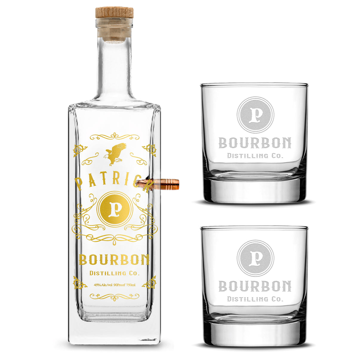 Customizable, Premium 50. Caliber Liberty Style Liquor Decanter and (Set of 2) Premium Whiskey Glasses, Handmade, Handblown, Hand Etched Gifts, Sand Carved, 750ml, Laser Etched or Hand Etched