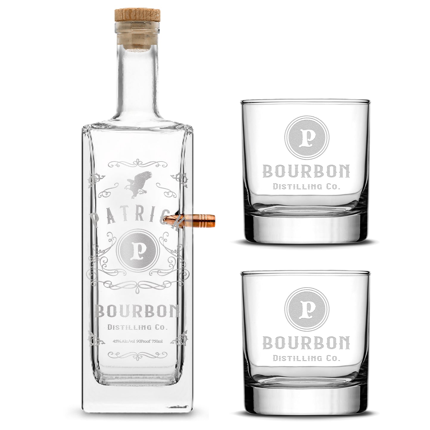 Customizable, Premium 50. Caliber Liberty Style Liquor Decanter and (Set of 2) Premium Whiskey Glasses, Handmade, Handblown, Hand Etched Gifts, Sand Carved, 750ml, Laser Etched or Hand Etched