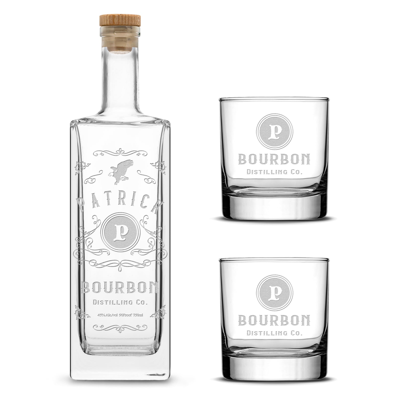 Customizable, Premium Liberty Style Liquor Decanter and (Set of 2) Premium Whiskey Glasses, Handmade, Handblown, Hand Etched Gifts, Sand Carved, 750ml, Laser Etched or Hand Etched