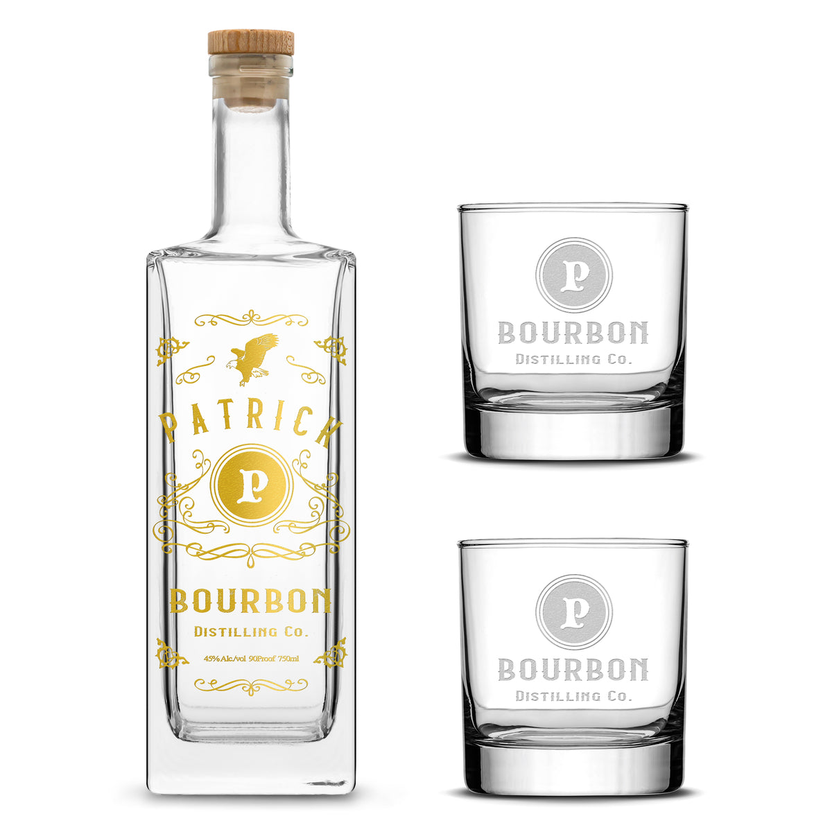 Customizable, Premium Liberty Style Liquor Decanter and (Set of 2) Premium Whiskey Glasses, Handmade, Handblown, Hand Etched Gifts, Sand Carved, 750ml, Laser Etched or Hand Etched