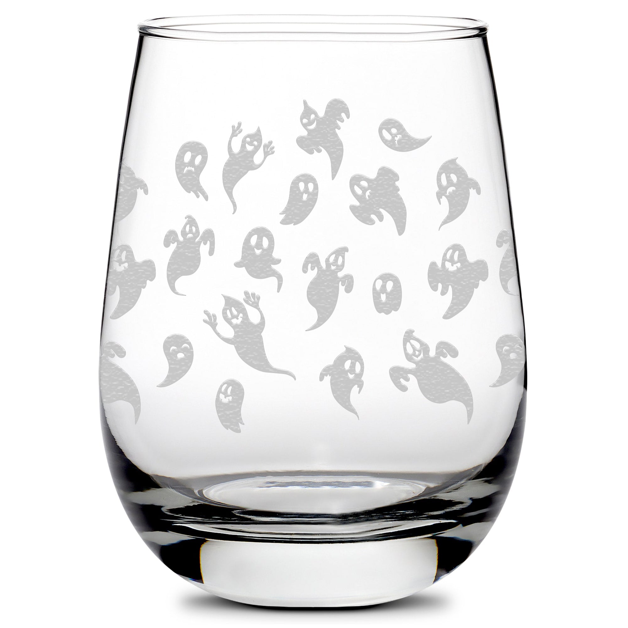 Integrity Bottles, Full 360°, Laser Etched, Halloween Ghost Wrap, Premium Wine Glass, Handmade, 16oz, Laser Etched or Hand Etched
