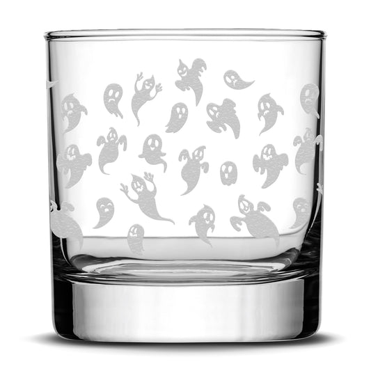 Integrity Bottles, Full 360°, Laser Etched, Halloween Ghost Wrap, Premium Whiskey Glass, Handmade, 11oz, Laser Etched or Hand Etched
