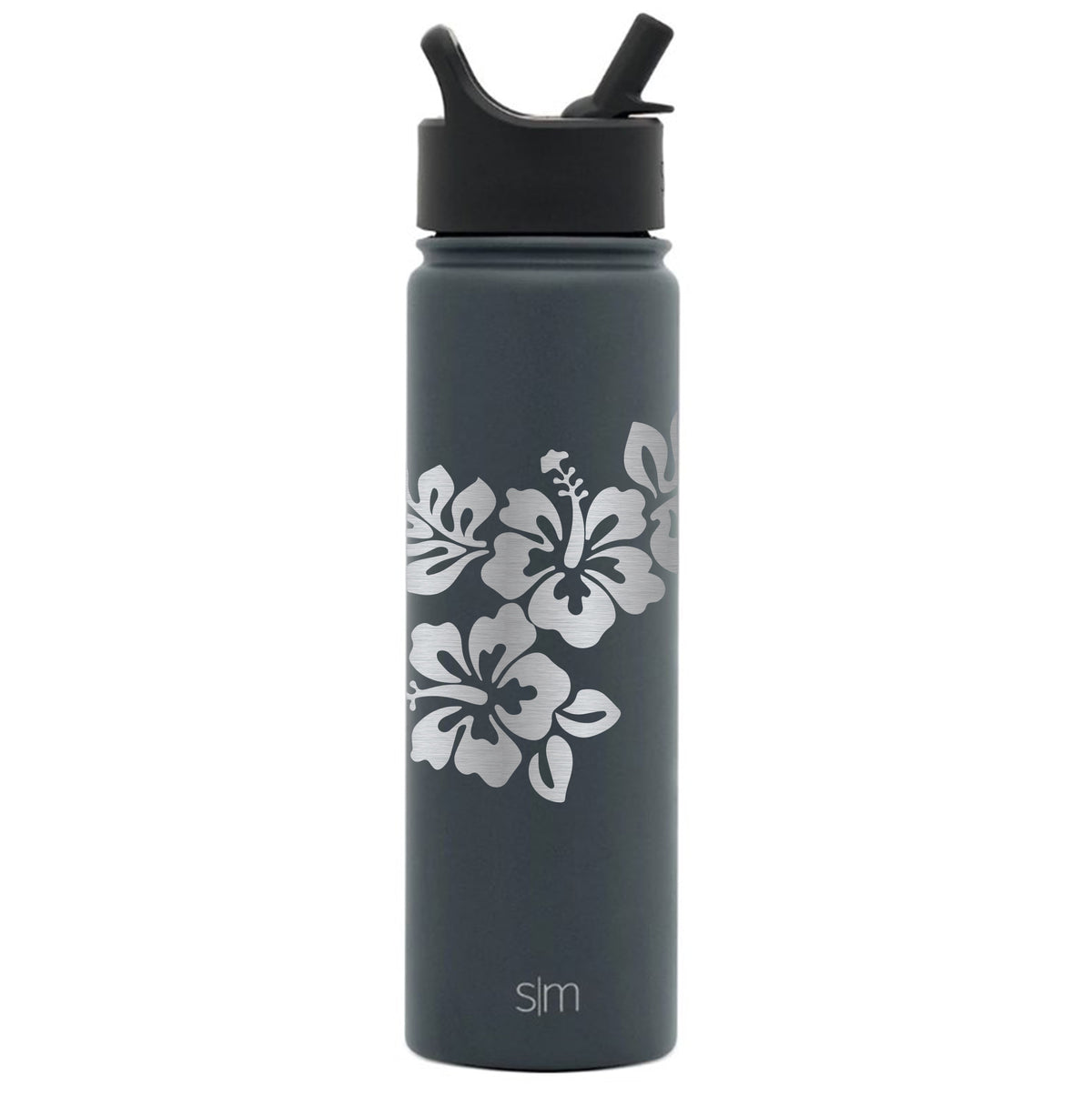Premium Stainless Steel Water Bottle, Hibiscus Design, Extra Lid, 22oz