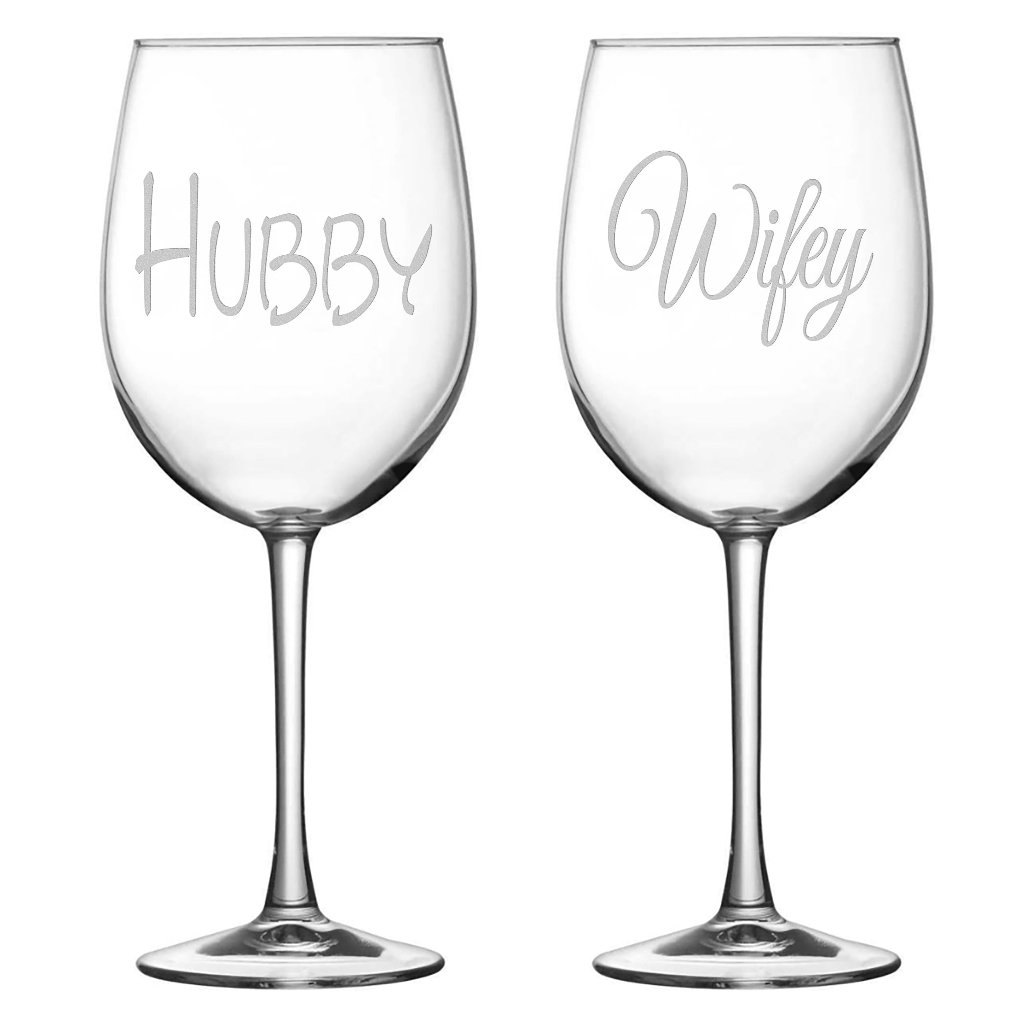 Integrity Bottles Hubby Wifey, (Set of 2) Stemmed Wine Glasses, Handmade, Handblown, Hand Etched Gifts, Sand Carved, 16oz, Laser Etched or Hand Etched