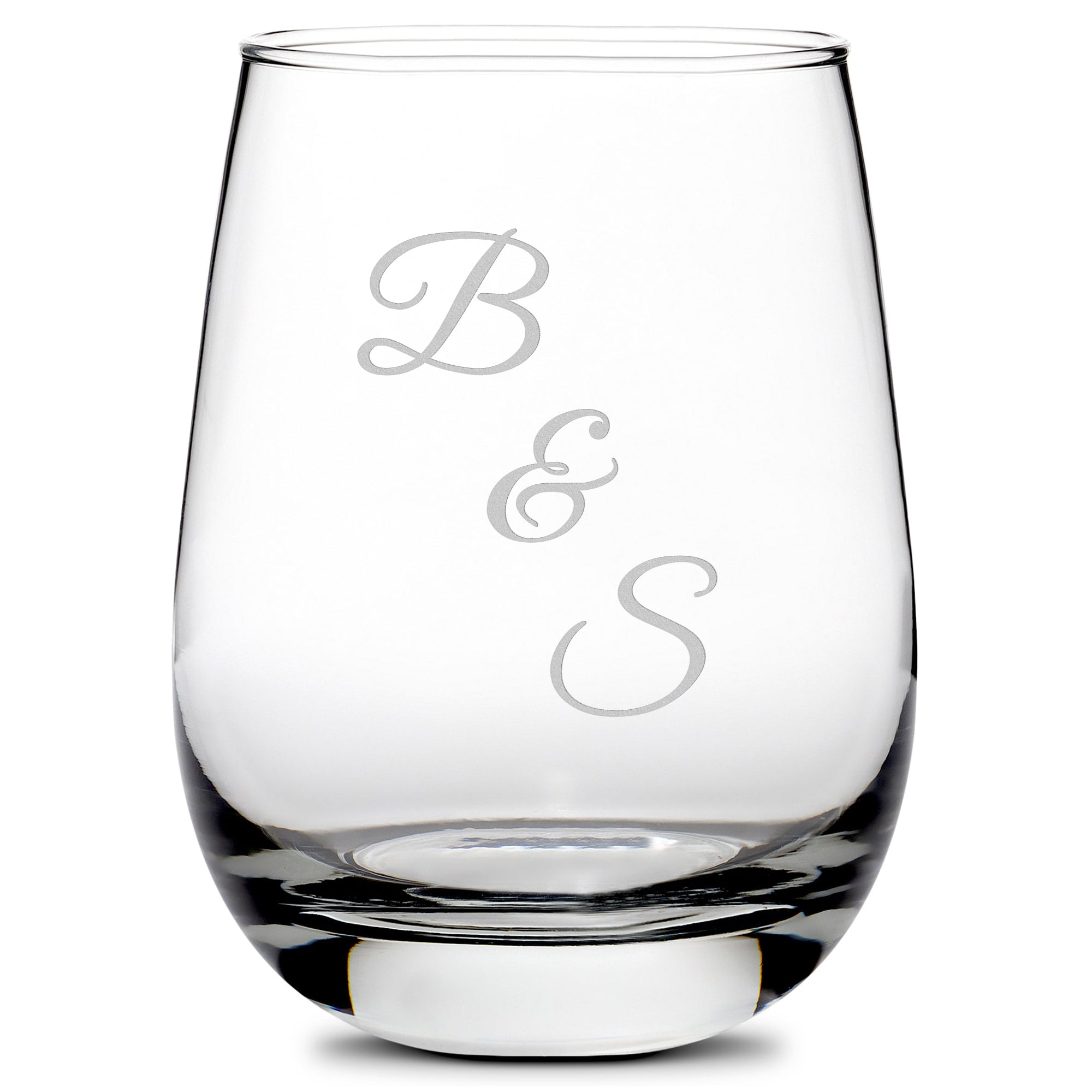 Integrity Bottles, Initials, Stemless Wine Glasses, Handmade, Handblown, Hand Etched Gifts, Sand Carved, 16oz, Laser Etched or Hand Etched