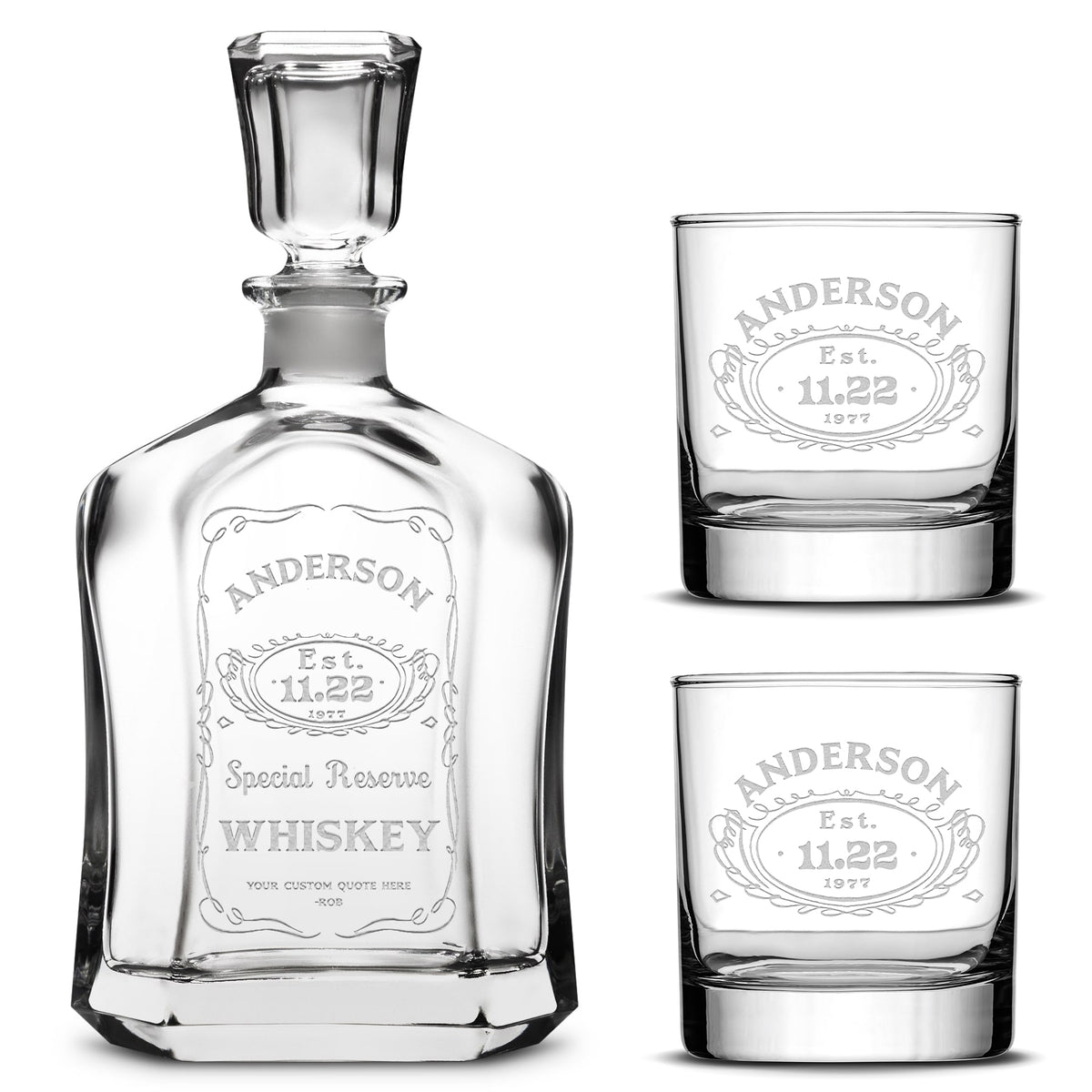 Customizable, Premium Refillable Capital Style Liquor Decanter and (Set of 2) Premium Whiskey Glasses, Handmade, Handblown, Hand Etched Gifts, Sand Carved, 750ml, Laser Etched or Hand Etched