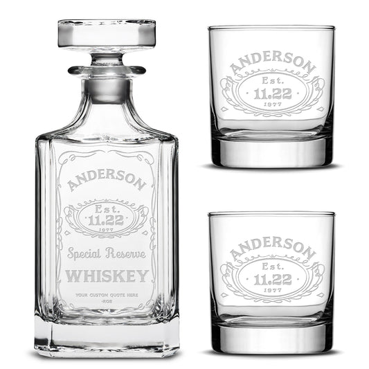 Customizable, Premium Refillable Diamond Style Liquor Decanter and (Set of 2) Premium Whiskey Glasses, Handmade, Handblown, Hand Etched Gifts, Sand Carved, 750ml, Laser Etched or Hand Etched