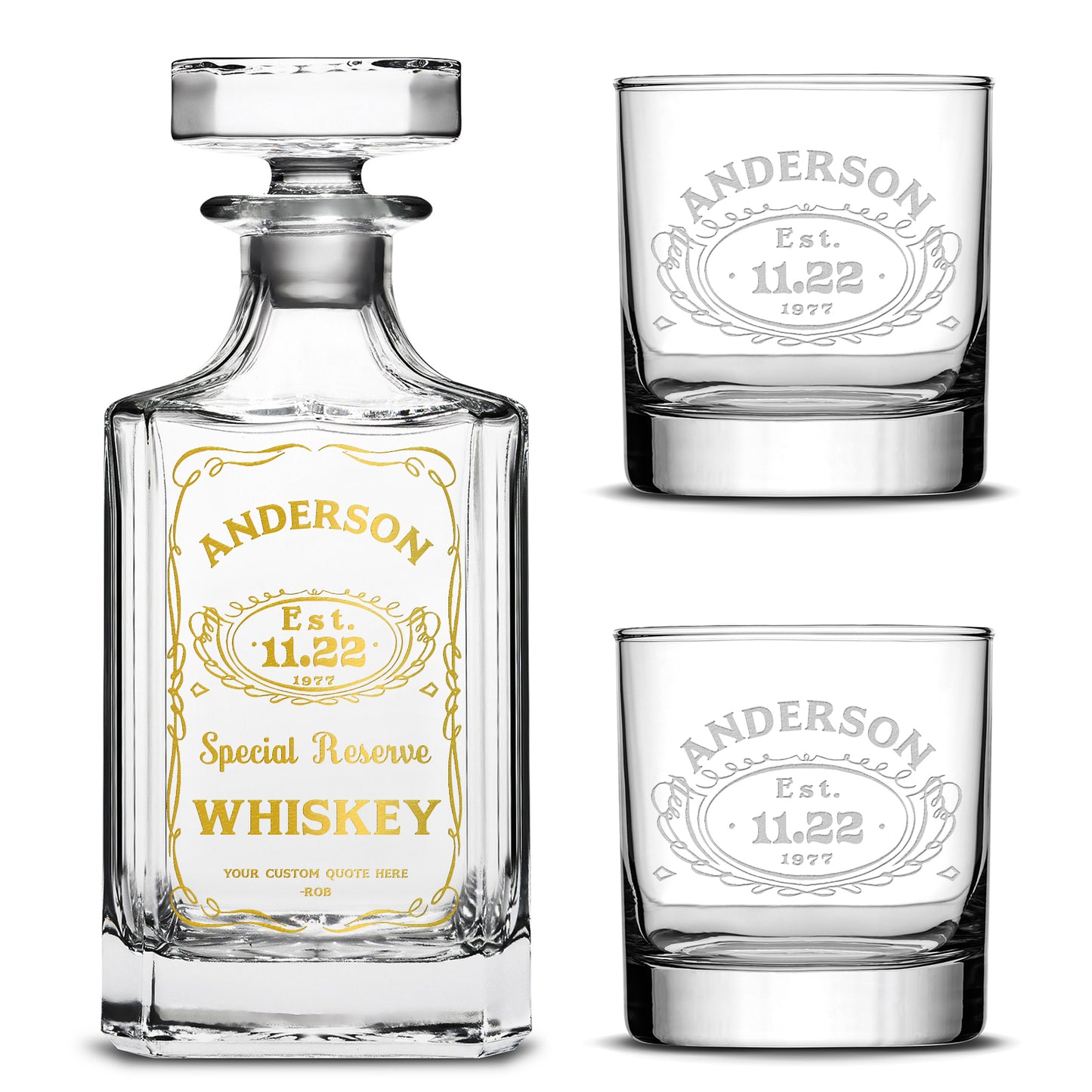 Customizable, Premium Refillable Diamond Style Liquor Decanter and (Set of 2) Premium Whiskey Glasses, Handmade, Handblown, Hand Etched Gifts, Sand Carved, 750ml, Laser Etched or Hand Etched