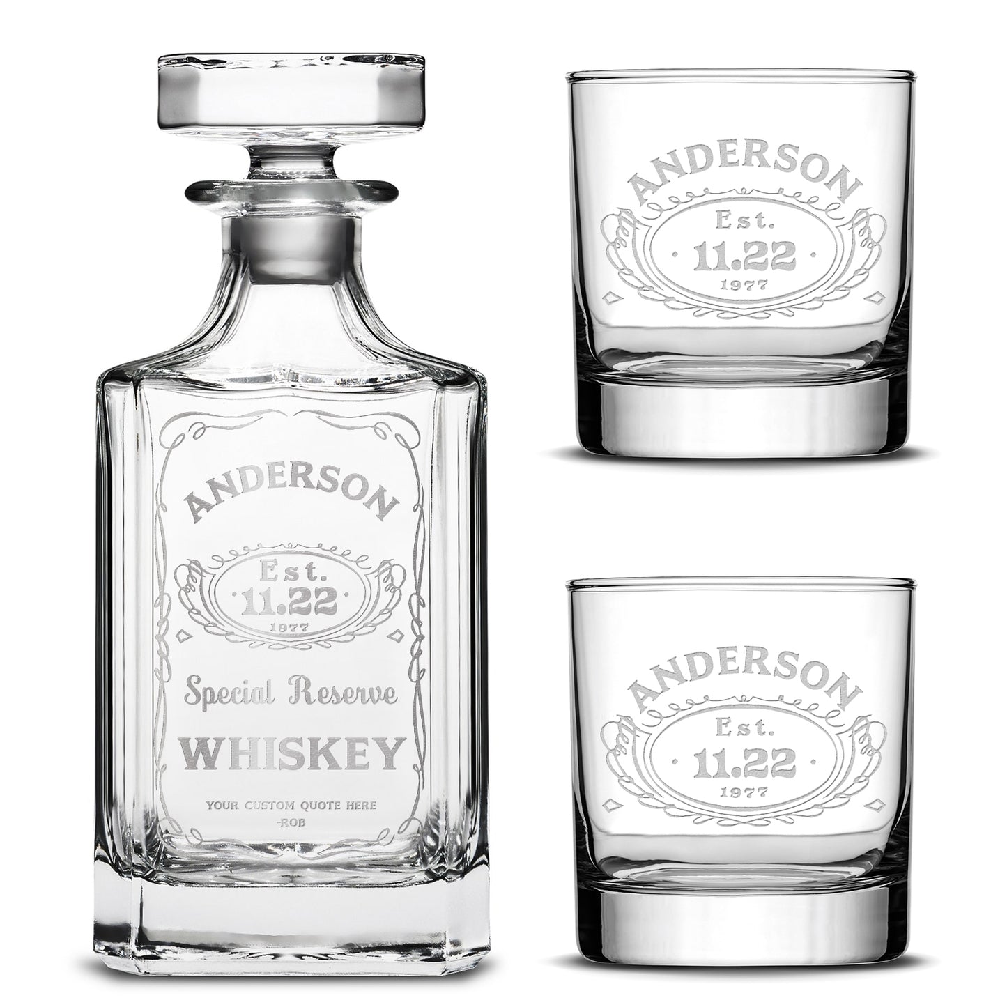 Customizable, Premium Refillable Diamond Style Liquor Decanter and (Set of 2) Premium Whiskey Glasses, Handmade, Handblown, Hand Etched Gifts, Sand Carved, 750ml, Laser Etched or Hand Etched