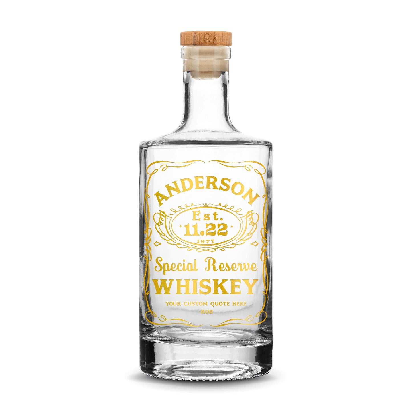 Customizable Jack Daniel's, Premium Refillable Jersey Style Liquor Bottle, Handmade, Handblown, Hand Etched Gifts, Sand Carved, 750ml, Laser Etched or Hand Etched