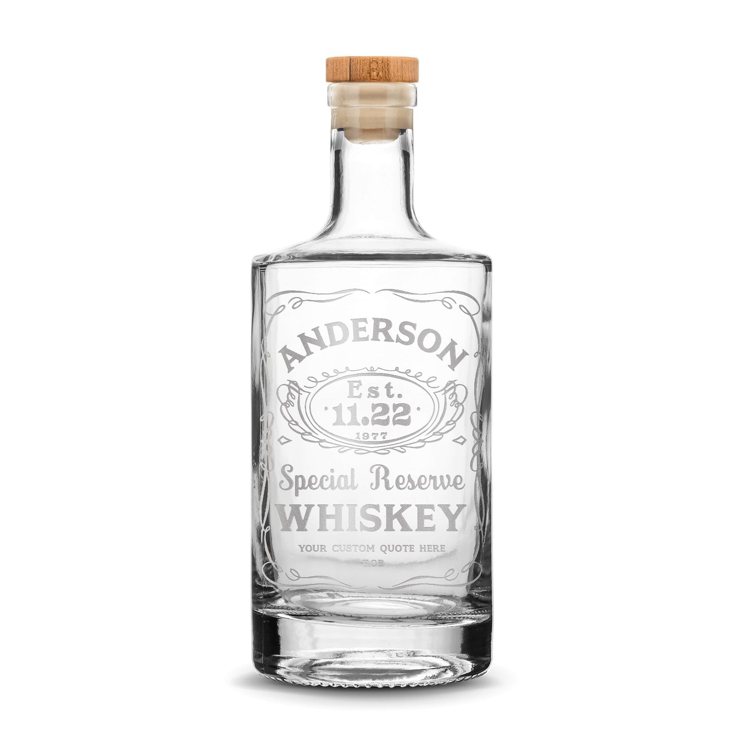 Customizable Jack Daniel's, Premium Refillable Jersey Style Liquor Bottle, Handmade, Handblown, Hand Etched Gifts, Sand Carved, 750ml, Laser Etched or Hand Etched