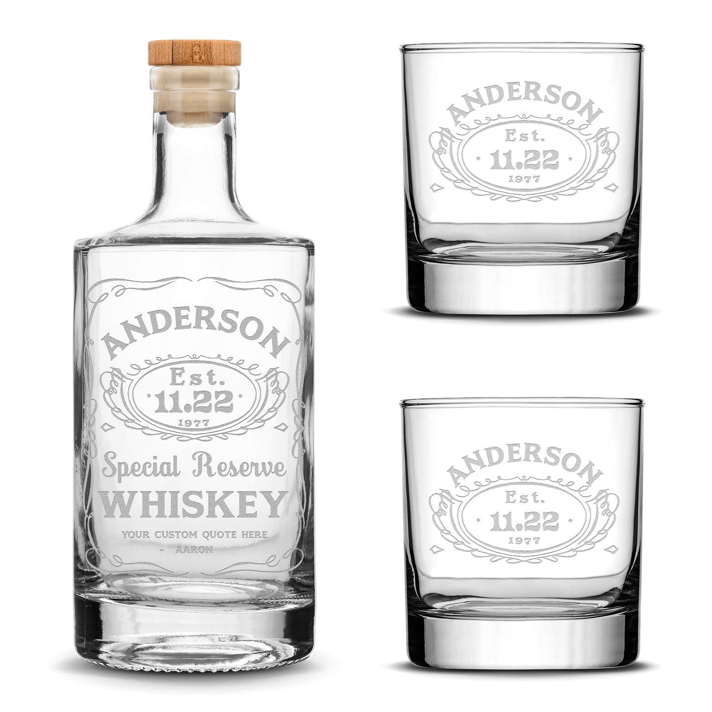 Customizable, Premium Refillable Jersey Style Liquor Decanter and (Set of 2) Premium Whiskey Glasses, Handmade, Handblown, Hand Etched Gifts, Sand Carved, 750ml, Laser Etched or Hand Etched