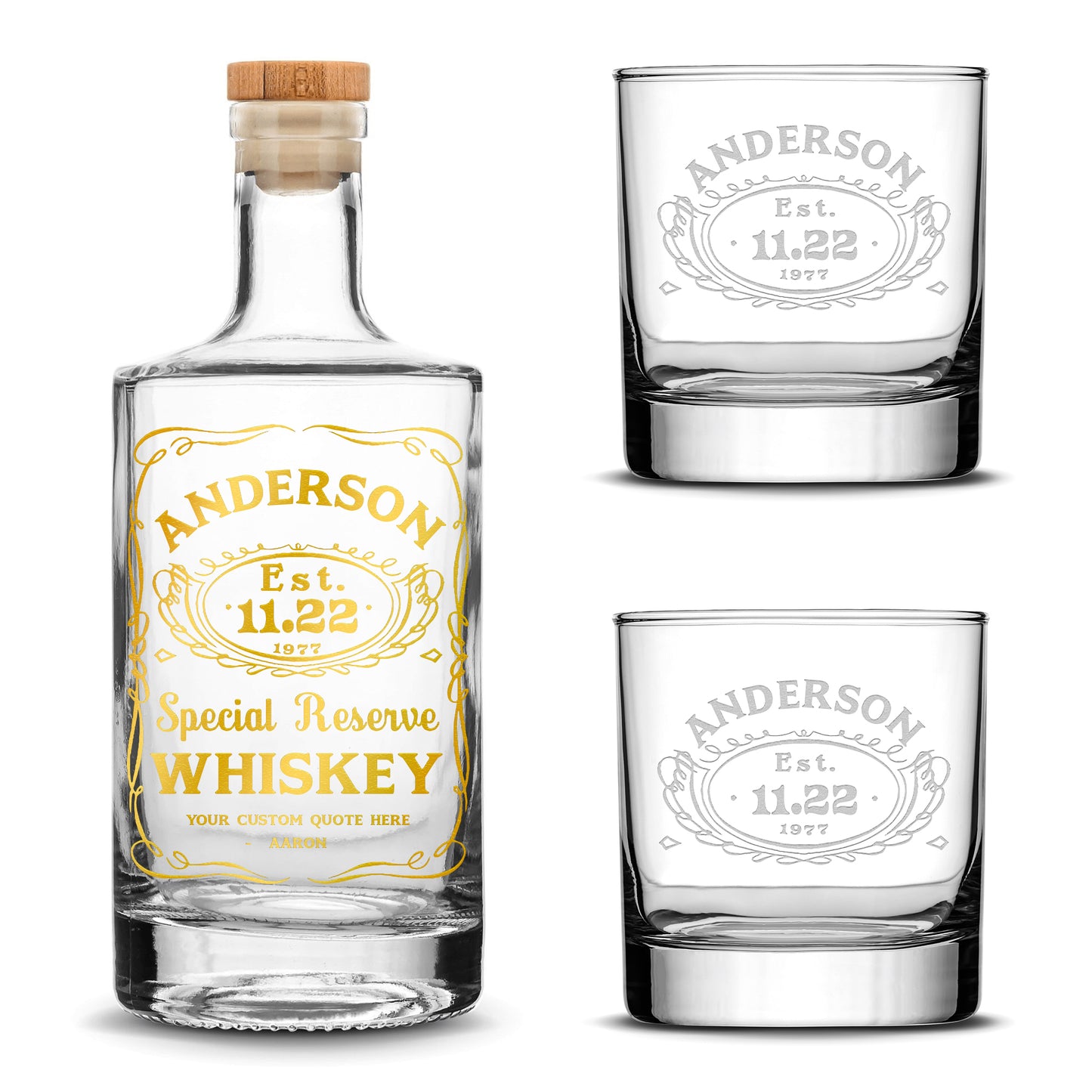 Customizable, Premium Refillable Jersey Style Liquor Decanter and (Set of 2) Premium Whiskey Glasses, Handmade, Handblown, Hand Etched Gifts, Sand Carved, 750ml, Laser Etched or Hand Etched