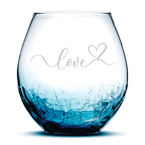 Valentines Day, Love Stemless Wine Crackle Glass, Laser Etched or Hand Etched