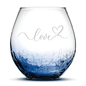 Valentines Day, Love Stemless Wine Crackle Glass, Hand Etched