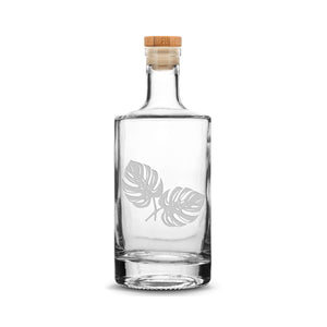 Integrity Bottles, Monstera Leaves, Premium Refillable Small Jersey Style Liquor Bottle, Handmade, Handblown, Hand Etched Gifts, Sand Carved, 375ml